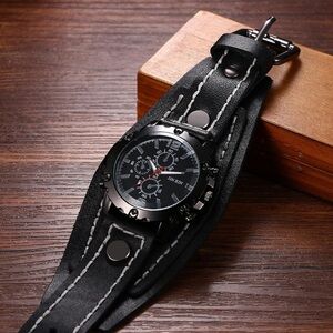 Steampunk‎ Black Leather Watch Dial Multi-Layer Strap Wide Cuff Analog Unisex